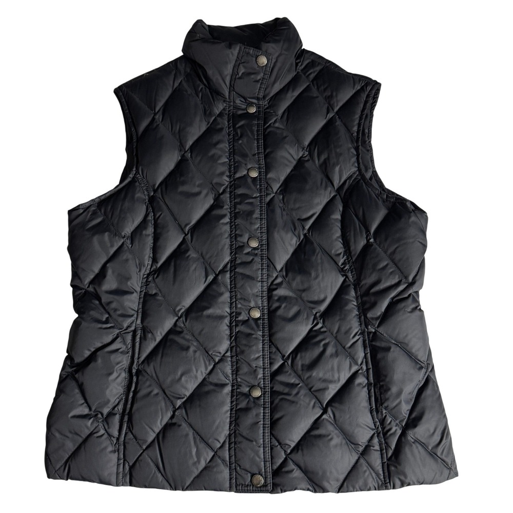 Lands End Womens Black Diamond Quilted Down Puffer Vest Snap Front Medium 10 12